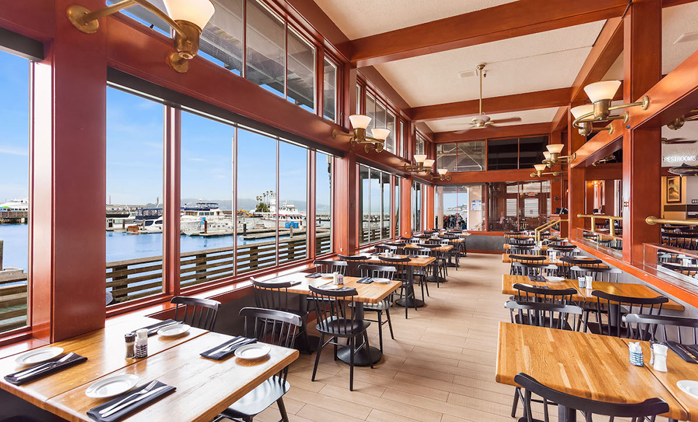 The large windows in the dining room of Pier Market
