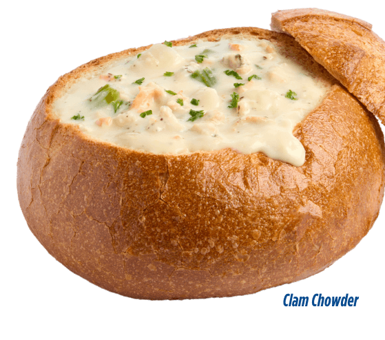 Clam chowder in a sourdough bread bowl at Pier Market Seafood Restaurant