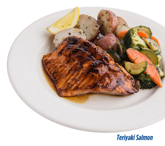 Teriyaki salmon with mesquite-grilled vegetables at Pier Market Seafood Restaurant