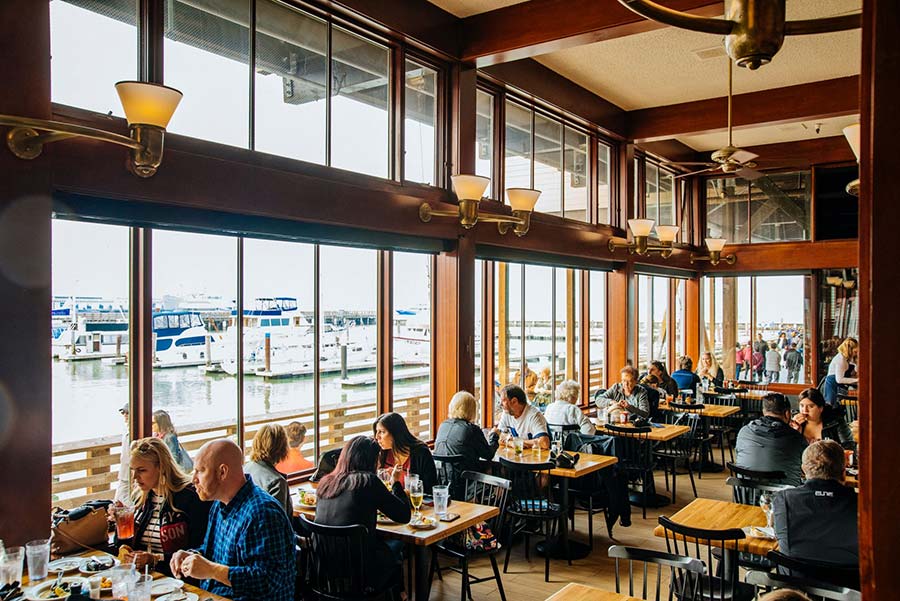 A dining room inside Pier Market 