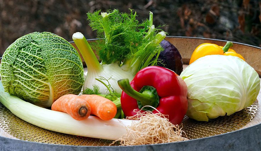An assortment of vegetables, including red peppers, carrots, and fennel, in a bowl.