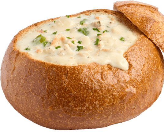 Pier Market Seafood Restaurant’s New England Clam Chowder in a bread bowl