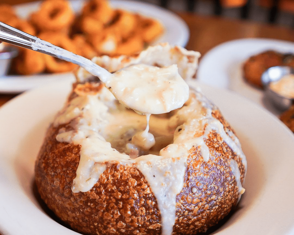Clam chowder served in a bread bowl