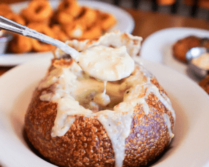 Clam chowder in a sourdough breadbowl.