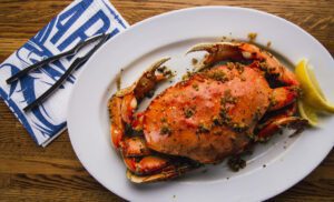 Garlic roasted whole Dungeness crab at Pier Market
