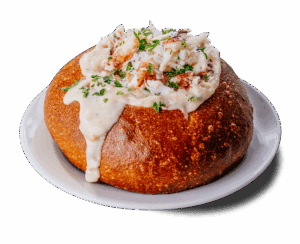 Crab chowder served in a bread bowl.