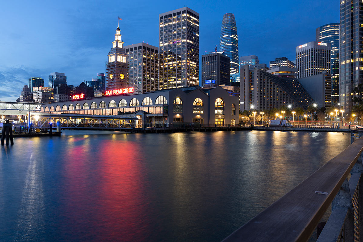 A view of the Port of San Francisco at dusk.
